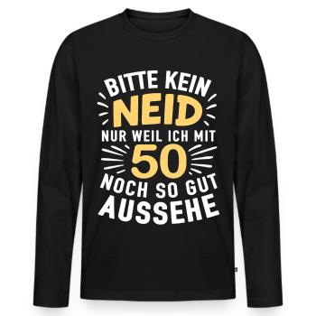 50s Cheer Shirt – No Envy, Look Good - Men's Premium Organic Long Sleeve Shirt - black - Front - Nico (187cm)