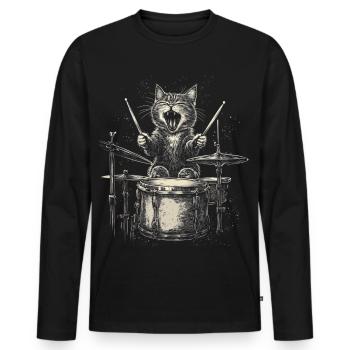 Cat Drums Batteur Rock Musique Drôle - T-shirt manches longues Premium bio Homme - noir - Devant - Nico (187cm)