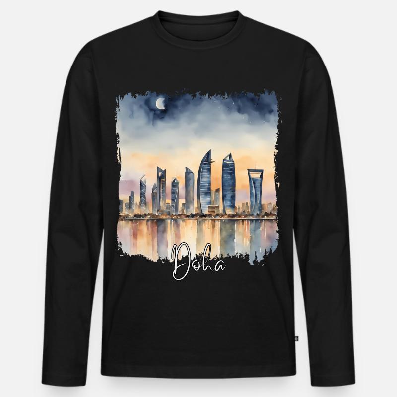 Doha Aquarell, Doha Katar - Männer Premium Bio Langarmshirt - Schwarz