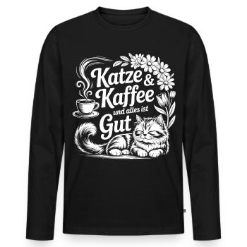 Le chat et le café – Tout va bien - T-shirt manches longues Premium bio Homme - noir - Devant - Nico (187cm)