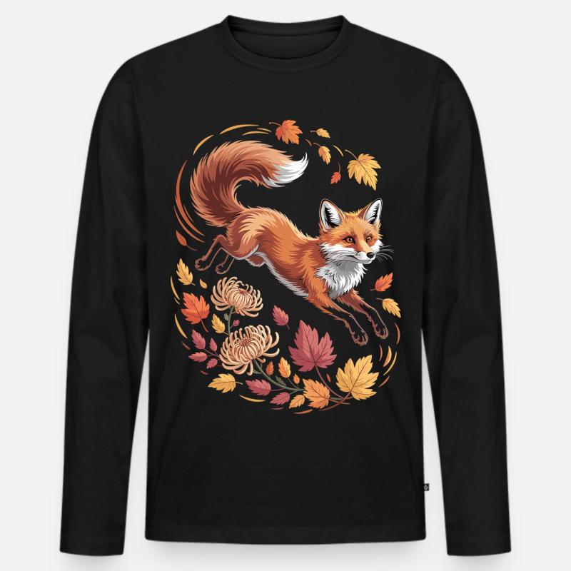 Fuchs mit Herbstblättern - Männer Premium Bio Langarmshirt - Schwarz