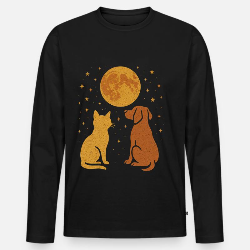 Hund Katze Tier Freundschaft Nachthimmel - Männer Premium Bio Langarmshirt - Schwarz