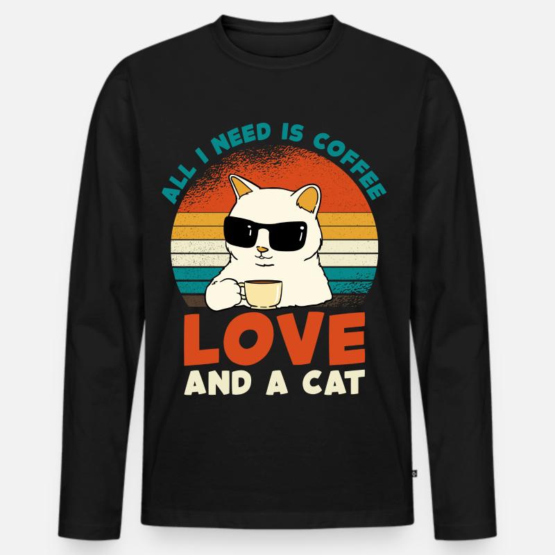 Kaffee Katze Liebe Retro - Männer Premium Bio Langarmshirt - Schwarz