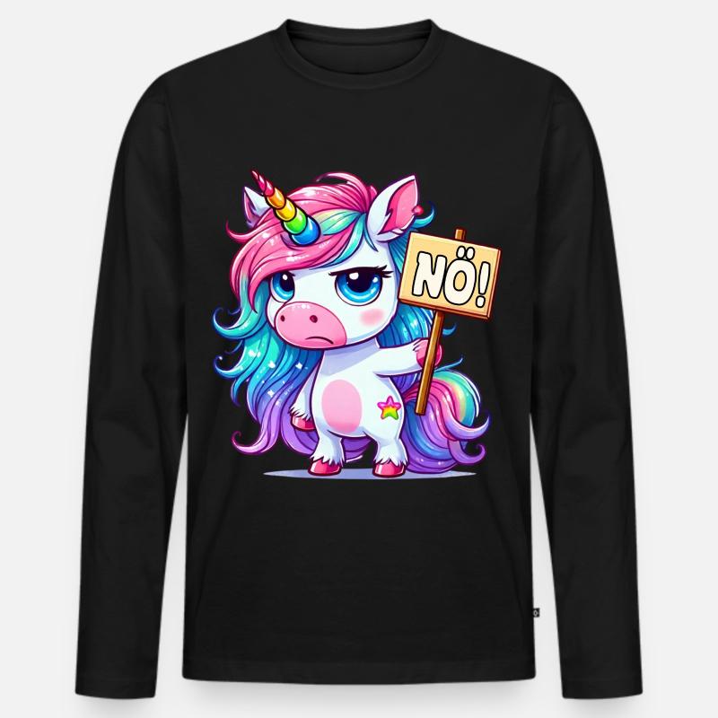 Regenbogen-Einhorn mit Nein-Schild - Männer Premium Bio Langarmshirt - Schwarz