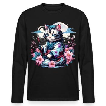 Japanische Kawaii Ninja Katze - Männer Premium Bio Langarmshirt - Schwarz - Vorne - Nico (187cm)