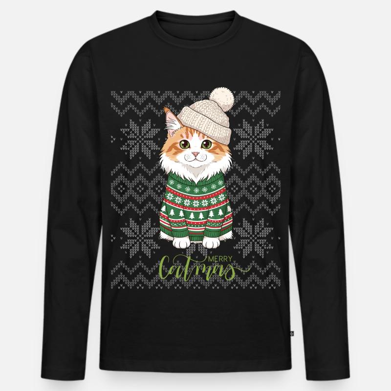 Katzenweihnachten im grünen und beigefarbenen Pullover - Männer Premium Bio Langarmshirt - Schwarz