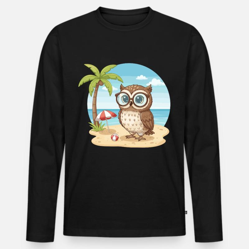 Süße Eule mit Brille Strandsommerferien - Männer Premium Bio Langarmshirt - Schwarz