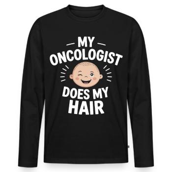 Mon oncologue coiffe mes cheveux - T-shirt manches longues Premium bio Homme - noir - Devant - Nico (187cm)