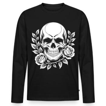 Monochromer Totenkopf mit Rosenzweig - Männer Premium Bio Langarmshirt - Schwarz - Vorne - Nico (187cm)