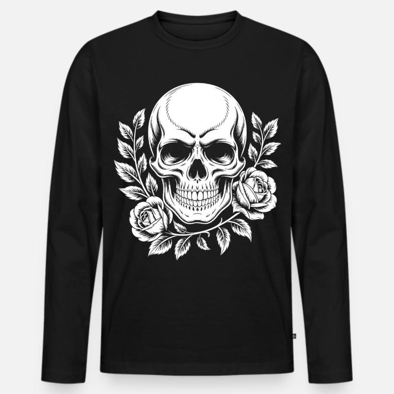Schädel mit Blumenkranz - Männer Premium Bio Langarmshirt - Schwarz