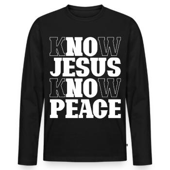 Know Jesus Know Peace Lettering - Men's Premium Organic Long Sleeve Shirt - black - Front - Nico (187cm)