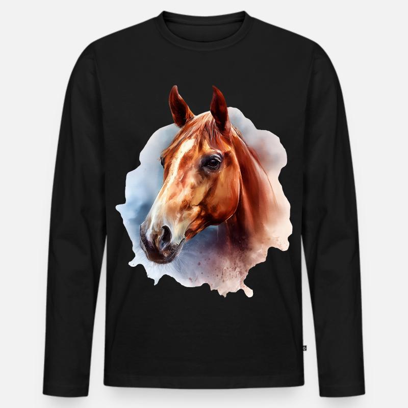 Pferde-Aquarell auf Himmelshintergrund - Männer Premium Bio Langarmshirt - Schwarz