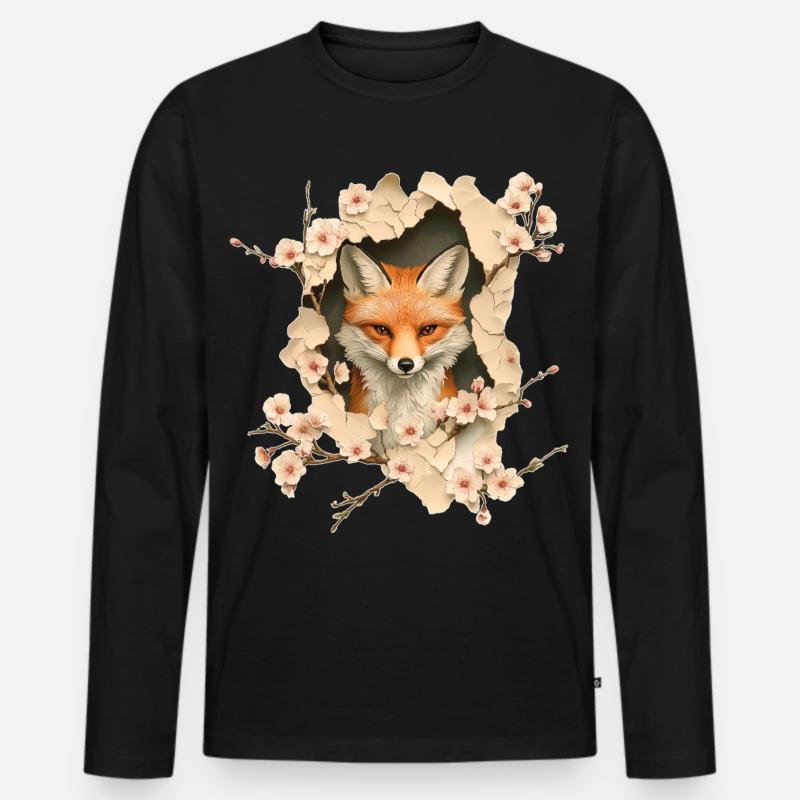 Fuchs mit Kirschblüten - Männer Premium Bio Langarmshirt - Schwarz