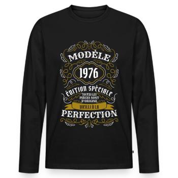 Modell 1976 Sonderedition gereift mit Perfecti - Männer Premium Bio Langarmshirt - Schwarz - Vorne - Nico (187cm)