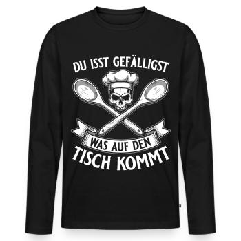 Du isst was auf den Tisch kommt - Koch Totenkopf - Männer Premium Bio Langarmshirt - Schwarz - Vorne - Nico (187cm)