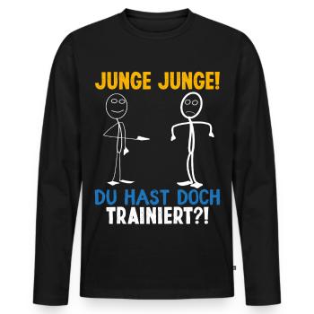 Fitness JUNGE JUNGE DU HASTDOCH TRAINIERT LUSTIG - Männer Premium Bio Langarmshirt - Schwarz - Vorne - Nico (187cm)