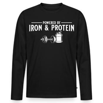 Propulsés par le fer et les protéines - Conception de salles de sport - T-shirt manches longues Premium bio Homme - noir - Devant - Nico (187cm)