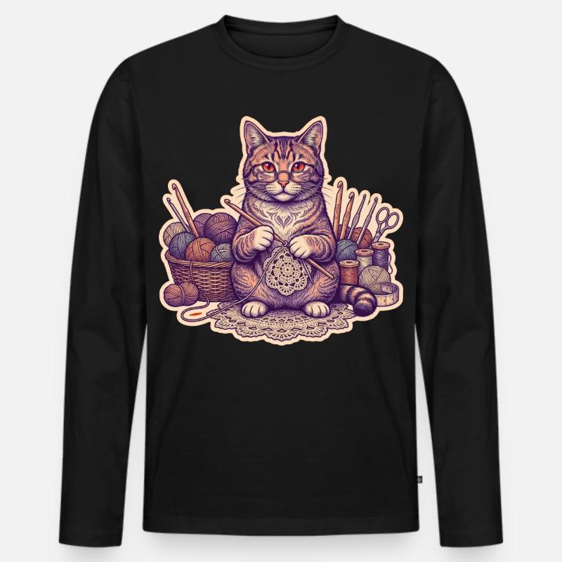 Häkel Katze Kätzchen Strickt - Männer Premium Bio Langarmshirt - Schwarz