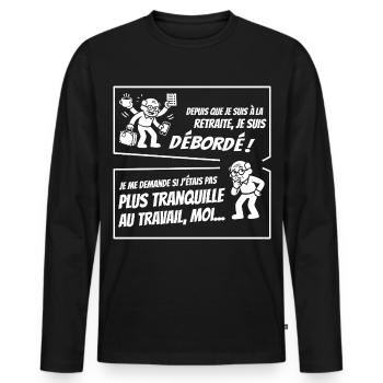 Retraité Surbooké (texte blanc) - T-shirt manches longues Premium bio Homme - noir - Devant - Nico (187cm)