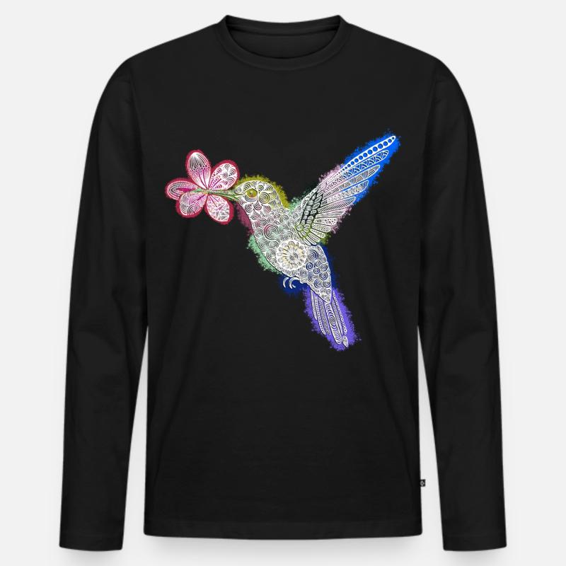 Zentangle-Kolibri mit Blume - Männer Premium Bio Langarmshirt - Schwarz