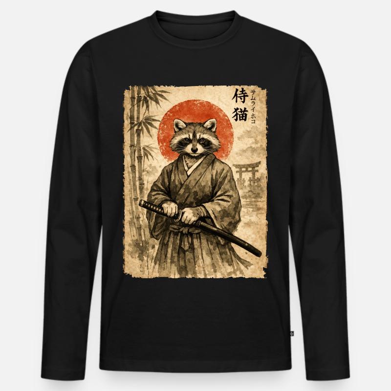 Samurai, Waschbär, Japanische Kunst, Anime - Männer Premium Bio Langarmshirt - Schwarz