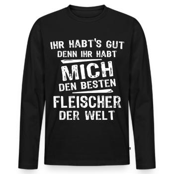 Fleischer - Männer Premium Bio Langarmshirt - Schwarz - Vorne - Nico (187cm)