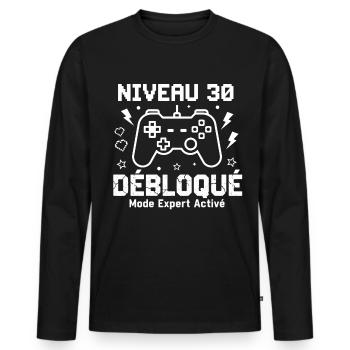 Niveau 30 Débloqué Mode Expert - T-shirt manches longues Premium bio Homme - noir - Devant - Nico (187cm)