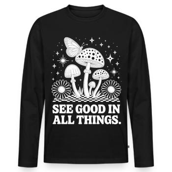 Pilz T-Shirt mit Schmetterling Spirituelles Motiv - Männer Premium Bio Langarmshirt - Schwarz - Vorne - Nico (187cm)