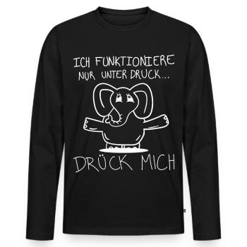 Elefant Lustig – Ich funktioniere unter Druck - Männer Premium Bio Langarmshirt - Schwarz - Vorne - Nico (187cm)