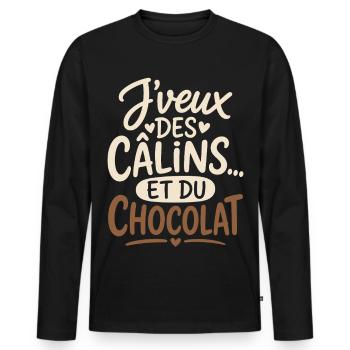 J’Veux Des Câlins Et Du Chocolat Humour Amour - T-shirt manches longues Premium bio Homme - noir - Devant - Nico (187cm)