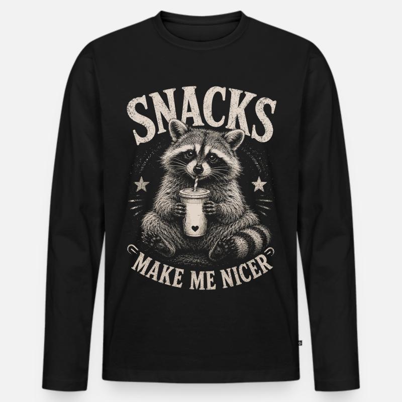 Waschbär, Snacks Make Me Nicer - Männer Premium Bio Langarmshirt - Schwarz