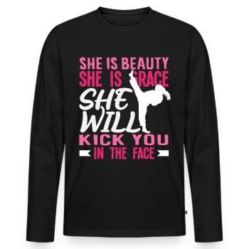 Karaté Girl Beauty Grace donne un coup de pied au visage - T-shirt manches longues Premium bio Homme - noir - Devant - Nico (187cm)