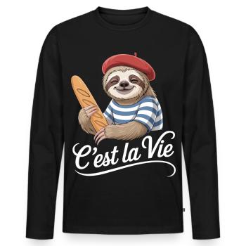 Faultier T-Shirt mit Baguette - C’est La Vie - Männer Premium Bio Langarmshirt - Schwarz - Vorne - Nico (187cm)