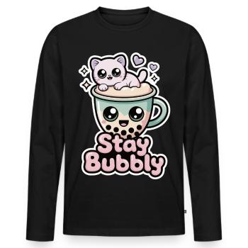 Stay Bubbly Shirt with Cat – Bubble Tea Shirt - Men's Premium Organic Long Sleeve Shirt - black - Front - Nico (187cm)