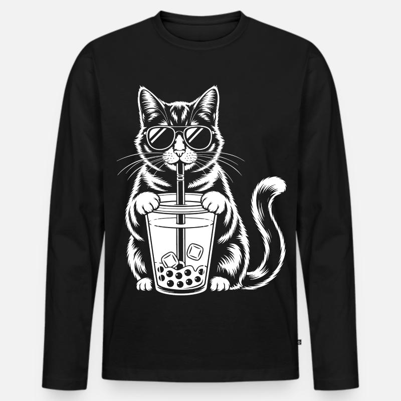 Katze mit Bubble Tee - Männer Premium Bio Langarmshirt - Schwarz