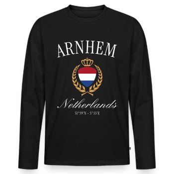 Arnhem Coat of Arms Crown – Netherlands Travel Souvenir - Men's Premium Organic Long Sleeve Shirt - black - Front - Nico (187cm)