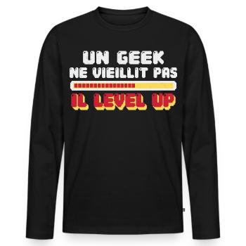 Geek Cadeau humour personnalisé - T-shirt manches longues Premium bio Homme - noir - Devant - Nico (187cm)