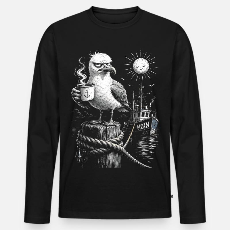 MOIN – Grumpy Seagull with Coffee - Men's Premium Organic Long Sleeve Shirt - black