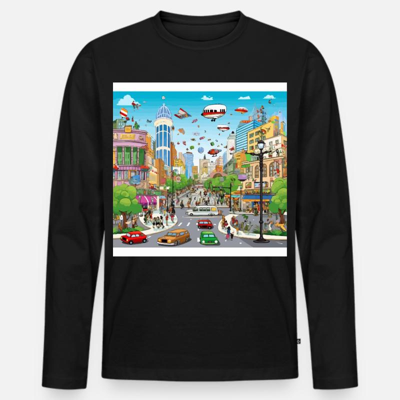 Futuristische Stadtflug-Parade - Männer Premium Bio Langarmshirt - Schwarz