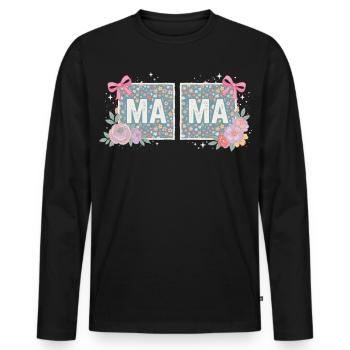 MAMA Blumenquadrate und rosa Schleifen | Retro - Männer Premium Bio Langarmshirt - Schwarz - Vorne - Nico (187cm)
