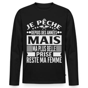 Pêche Pêcheur Cadeau humour personnalisé - T-shirt manches longues Premium bio Homme - noir - Devant - Nico (187cm)
