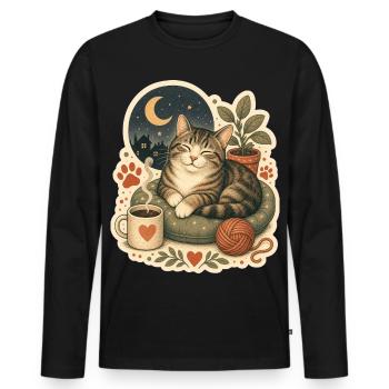 Gemütliche Katze Kaffee Garn - Männer Premium Bio Langarmshirt - Schwarz - Vorne - Nico (187cm)