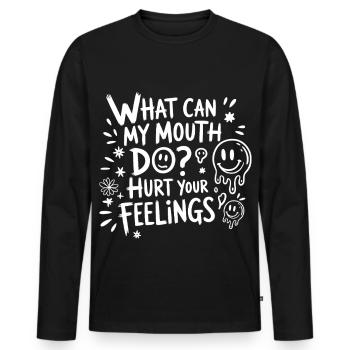 Was mein Mund tut – Gefühle verletzen - Männer Premium Bio Langarmshirt - Schwarz - Vorne - Nico (187cm)