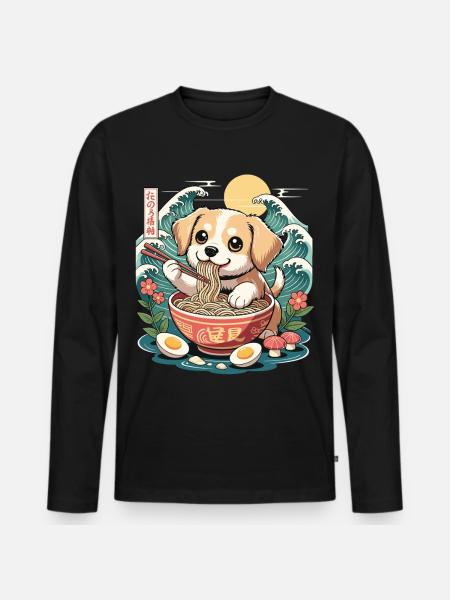 Kawaii Puppy Ramen Waves たのろ稲朔 Sunrise Bowl - Men's Premium Organic Long Sleeve Shirt - black
