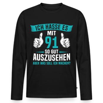 91 Jahre 91. Geburtstag Mann Frau 91 Jahre - Männer Premium Bio Langarmshirt - Schwarz - Vorne - Nico (187cm)
