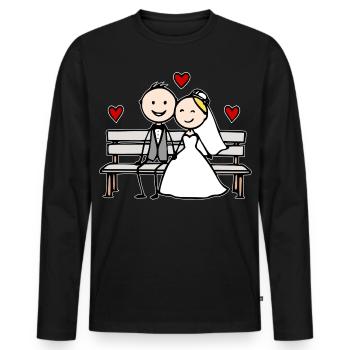 Caricature du couple de mariés sur le banc - T-shirt manches longues Premium bio Homme - noir - Devant - Nico (187cm)