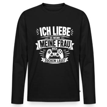 Ich liebe es, wenn meine Frau mich zocken lässt - Männer Premium Bio Langarmshirt - Schwarz - Vorne - Nico (187cm)