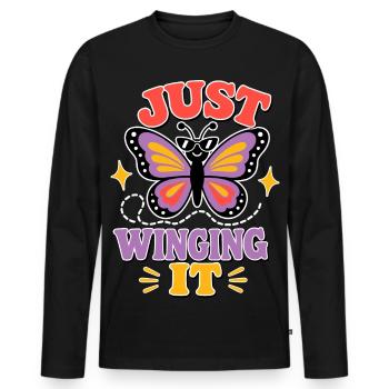 Just Winging It – Funny Butterfly - Men's Premium Organic Long Sleeve Shirt - black - Front - Nico (187cm)