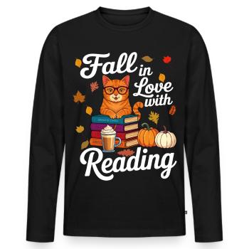 Chat qui lit des livres Automne Citrouille - Amoureux des livres - T-shirt manches longues Premium bio Homme - noir - Devant - Nico (187cm)