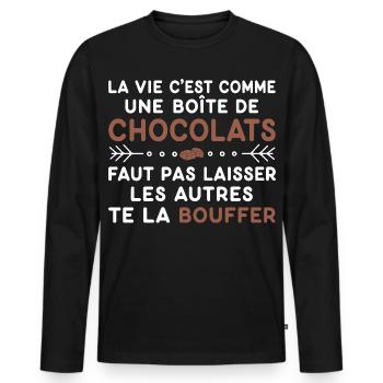 Chocolats Cadeau humour personnalisé - T-shirt manches longues Premium bio Homme - noir - Devant - Nico (187cm)